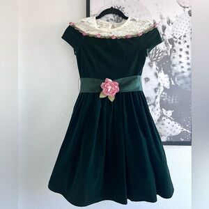 Vintage Jenny Annie Dots Girl’s Velvet Lace Trim Floral Green Dress size 10